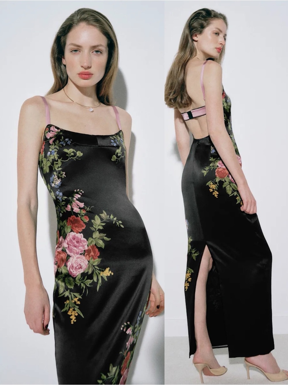 Reformation Caitlin Silk Floral Print Maxi Dress Black NEW with tags